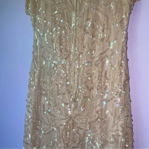 Vintage Size M Pastel Peach Silk Sequin Ball Gown Formal Dress Modest Hoco Prom Orange Size M