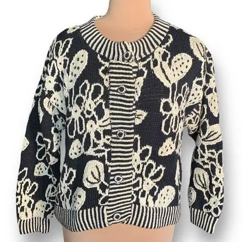 Vintage 90s Cardigan Sweater Round Neck Cropped Knit Black Oatmeal Dark Floral Size XS