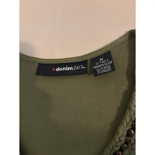 Denim 24/7 Women Top M Pullover Y2K Short Sleeve Elastic Cold Shoulder Embellish Green Size M
