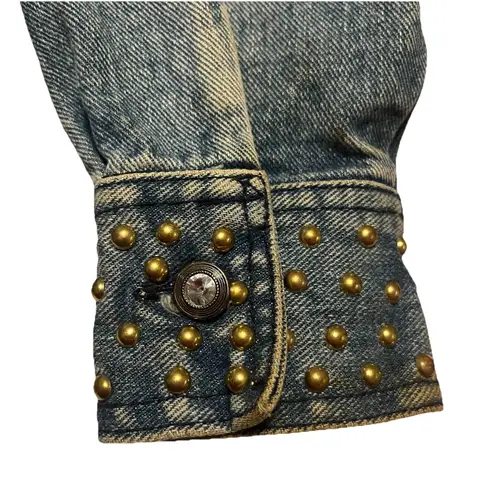 Vintage 80s Cropped Denim Jacket Studded Rhinestone Buttons USA Made Opal Size S Blue