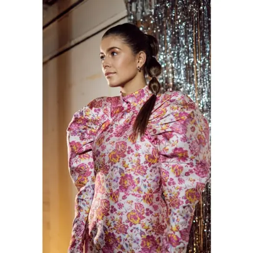 💕ROTATE💕 Number 1 Floral Puff Sleeve Mini Dress ~ Raspberry Rose Combo White Size XS