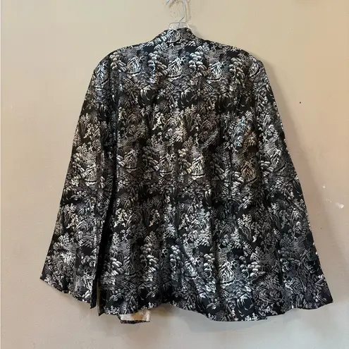 Vintage Asian Brocade Jacket Silver Black Metallic Tassel Frog Closures Size L Size L