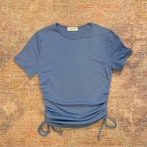 Popular 21 Side Ruched Ribbed Crewneck Top in Blue