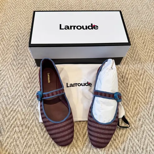 NWT LARROUDE Verona Ballet Flats Awning Stripe Wine & Ribbon Stoned Blue | 8 Purple