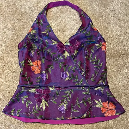 Finity Studio Silk Embroidered Skirt & Wrap Around Halter Neck Top Purple Sz 8
