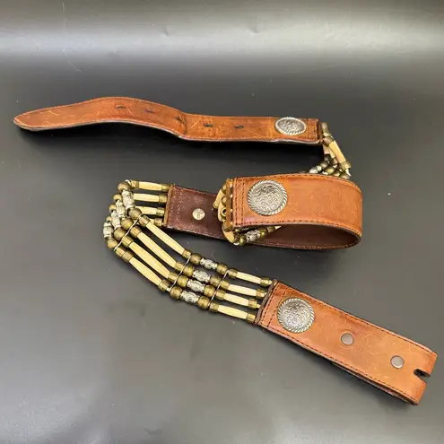 NOCONA Genuine Leather Beaded Bone & Conch Western Bohemian Belt NO BUCKLE Brown