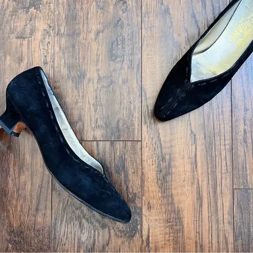 Salvatore Ferragamo Ferragamo • vintage black suede pumps witchy low cuban heel 90s goth point toe