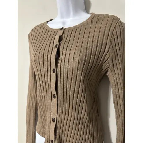 Quince Eco Knit Cropped Rib Button Front Cardigan Warm Taupe EUC Size M