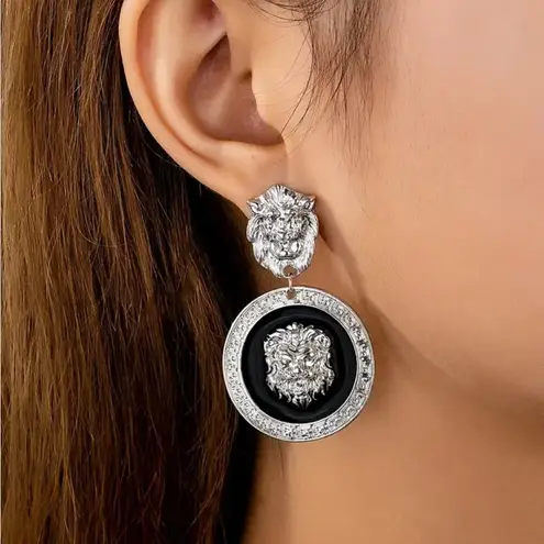 Majestic Silver and Black Lion Earrings