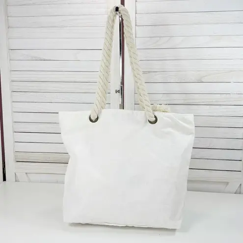 Tropical Out Of Office Beach Scene Canvas Tote Bag White Rope Straps