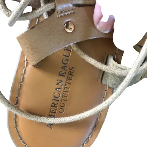 American Eagle Leather Lace Up Flat Sandal Sz. 9 Brown Festival Strappy Boho