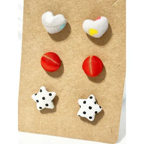 Polka dots & Heart Print Round Star & Heart Shape Fabric Stud Earrings 3 Pairs Red
