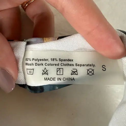 Grey and Navy Blue Marble Print High Rise Cheeky Bikini Bottoms Small