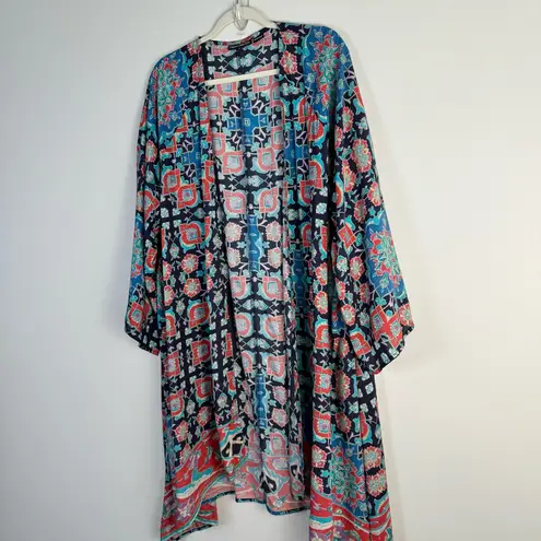 Tolani Collection Kimono Longline Cardigan 1X Blue Red Multicolor Abstract Print
