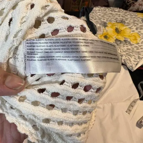 MNG Cream Open Knit Short Sleeve Sweater Top Summer Crochet Beach Cover Up