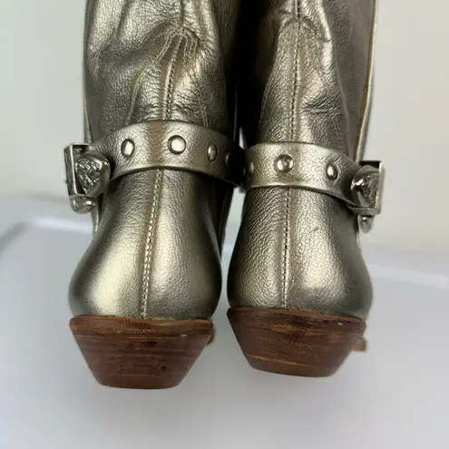 Vtg Y2K 9West Champagne Metallic Western Riding Boots Sz 8 Buckle Cowgirl Silver