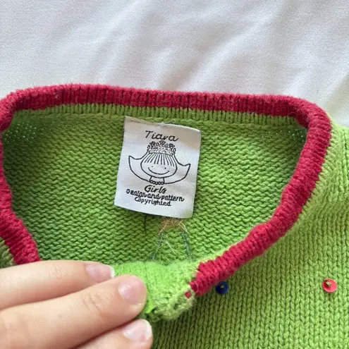 Tiara International Vintage 90s Y2K Womens Girls Full Zip Sweater Christmas Holiday Santa Green