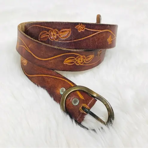 VINTAGE 90s Y2K Brown Tooled Leather Belt Brass Buckle Floral Sz 34 Small Medium