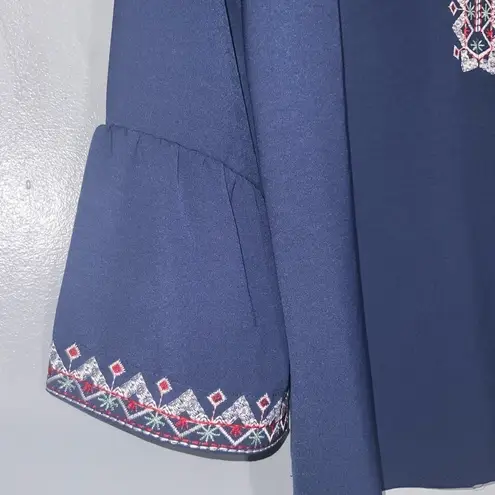 Blue Women’s Embroidered 1/2 Bell Cuff Sleeve Split Neck Boho Top S