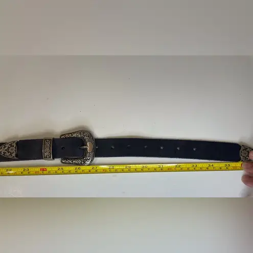 Western Black Leather Belt with Double Silver Buckles Size 30/32