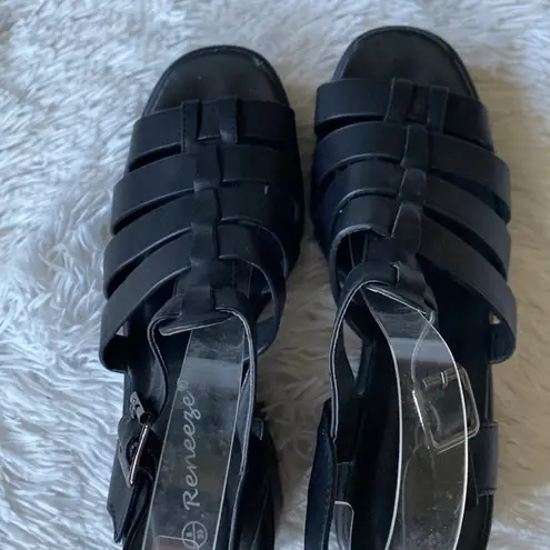 New black straps chunk heels sandals, size 8