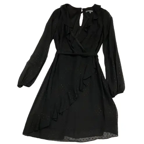 Julia Jordan Black Faux Wrap Long Sleeve Ruffle Dress Iridescent Dots Size 8