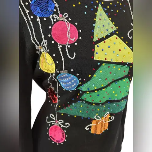 VTG Jack b.Quick beaded sequin gaudy maximalist christmas tree sweater bright M Black Size M
