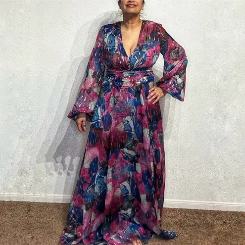 Adrienne Landau Floral Watercolor Draped High Slit Deep V Maxi Gown Sz 12 NWT Pink