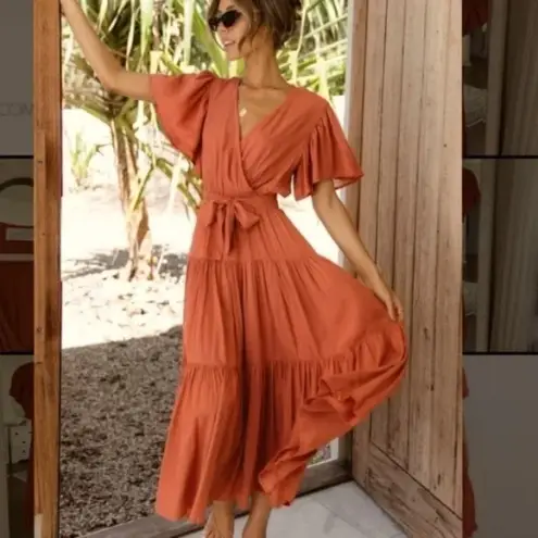 Petal and Pup  Barker Rust Orange Midi Tiered V Neck Flutter Sleeve Dress 10