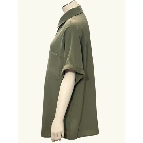 CCC Army Green Henley Short Sleeve Button Up Lapel Shirt XLarge All Polyester Size XL - Image 2