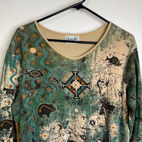 Cactus Shirt Womens Large Green Aztec Animals V Neck Rhinestones Tribal Casual