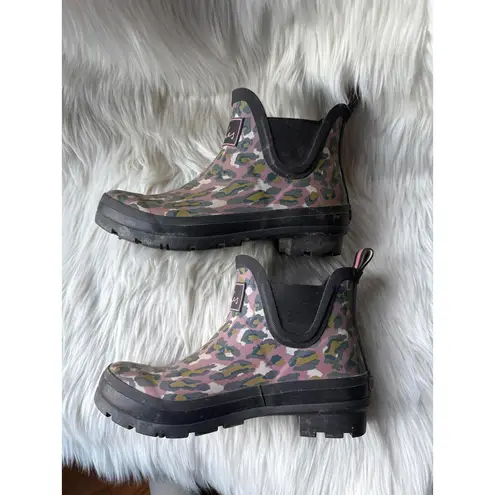 Joules Women's Leopard Print Ankle Rain Boots Pink Size 7