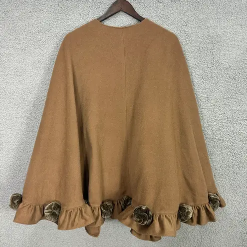 Dennis Basso Women Plus Brown Open Front Cape Faux Fur 3D Rosettes Wool Cashmere