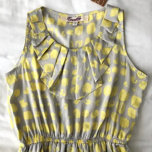 Emmelee New Dot Print Ruffle Trim Dress Sleeveless Satin Mini Yellow Grey