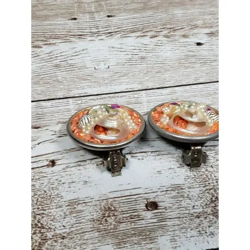 Vintage Clip On Earrings 1" Beach Theme Beach Shell Orange Large