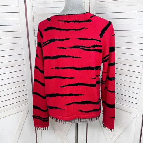 Vintage 90s Berek Beaded Tiger Stripe Cardigan Sweater Red Black Medium