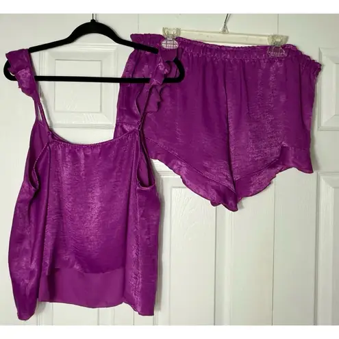 Secret Possessions Purple Satin Ruffle Top Shorts Lingerie PJ Set Size XL 14 16