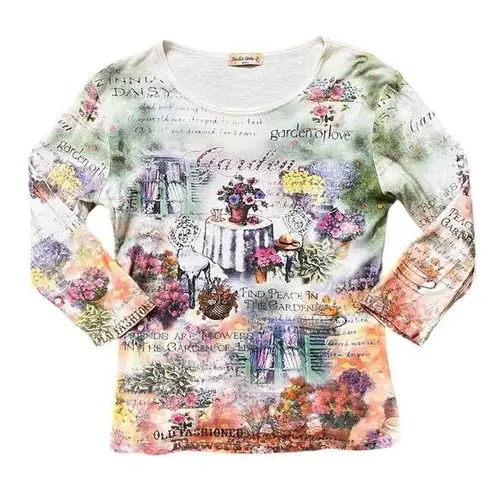 Vintage Y2K Top Long Sleeve Shirt Garden Tee Sequins Bling USA S Small M Medium Pink