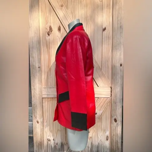 Vintage Retro 80s Raw Basix Red Soft Leather Mid Length Tuxedo Style Jacket~M~