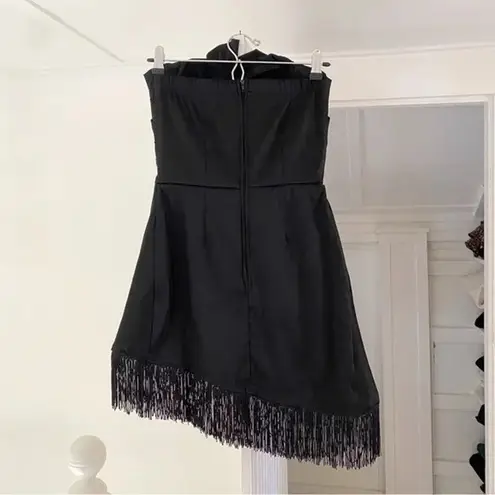 Alyn Paige Vintage Y2K Asymmetric Fringe Hem Strapless Mini Dress Size 5/6 Black