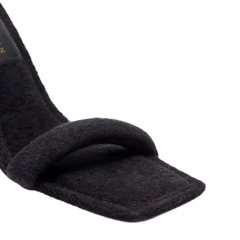 Good American black slip on terry cloth heeled sandal | square toe