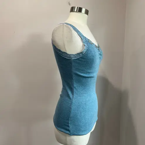 Energie Y2K 90s Blue Lace Trim Embellished Ribbed Fitted Tank Top Sz Large