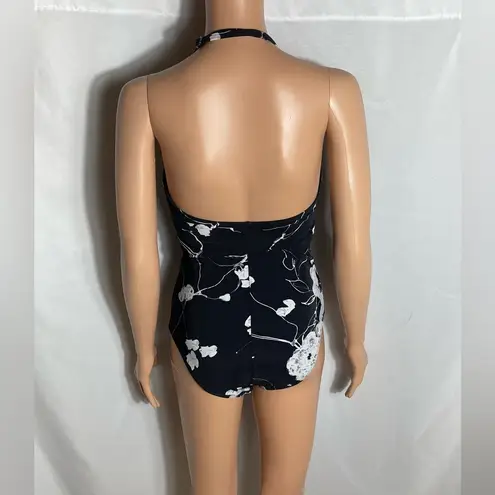 Spiegel Women’s One Piece Swimsuit Size 8 Black White Floral Halter NWT