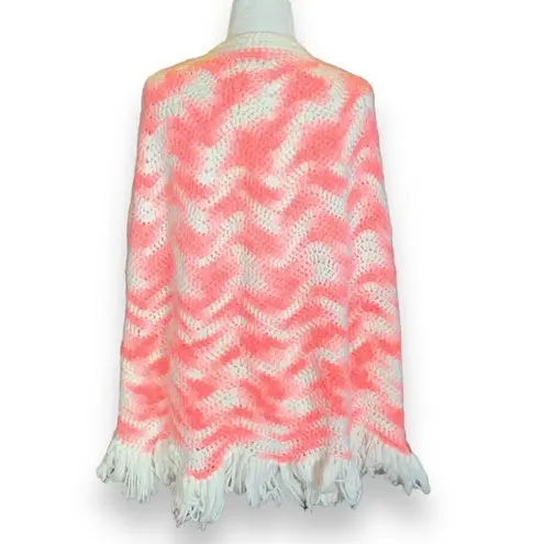 Vintage Hand Knit Chunky Knit Poncho Cape White Light Pastel Pink Zig Zag Stripe