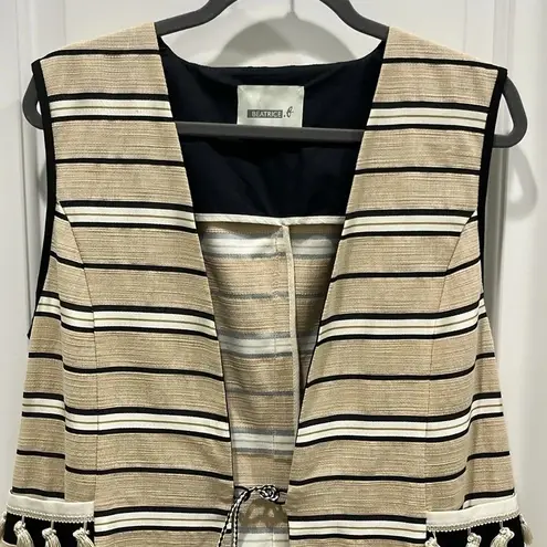 Beatrice.B Anthropologie Striped Tassel Embroidered Vest Sz XL US 10 Black