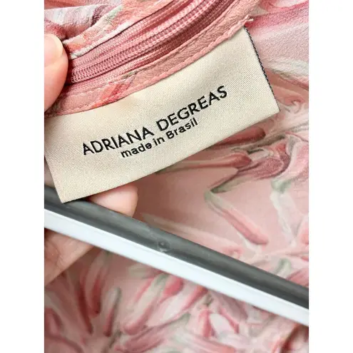 Adriana Degreas Leaf Print Silk Puff Sleeve Ruffle Trim Wide Leg Jumpsuit Pink M Size M