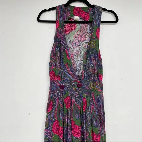 Vintage 1990s Bright Green & Pink Floral Sleeveless Deep V Neck Midi Dress Xs