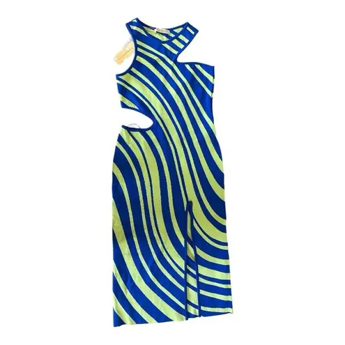 PAOLA BERNARDI Stela Striped Sleeveless Midi Cutout Dress Sz L NWT Blue