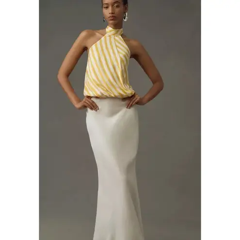 Maeve Anthro Yellow White Striped Satin Halter Scarf Bubble Hem Blouse Size M Size M