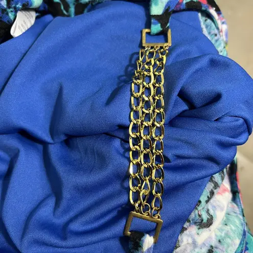 K Jordan Top Womens Large Multicolor Cold Shoulder Chain Strap Ruffle Blouse Blue